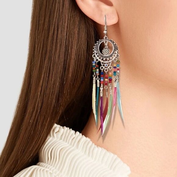 Antique Silver Colorful Feather Drop Earrings - Picture 1 of 3